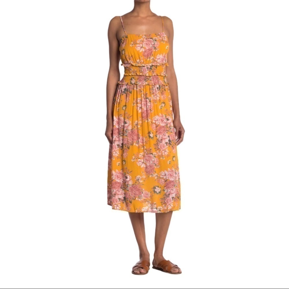 New! Lush Bohemian Yellow Floral Spaghetti Strap Midi Dress NWOT